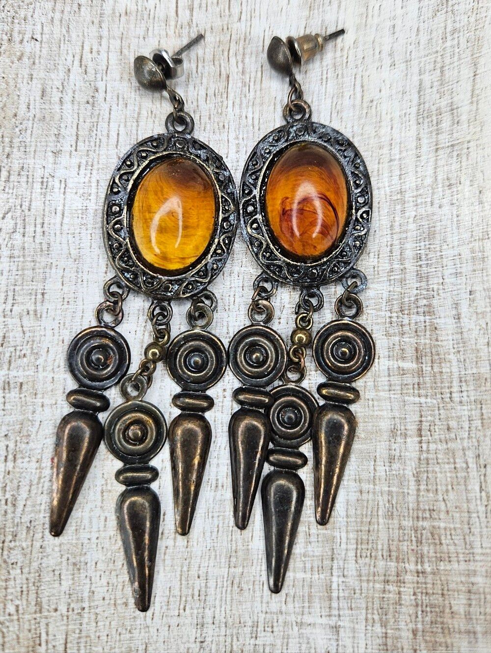 Whimsigoth Faux Amber Chandelier Drop Earrings Gothic Bronze Dangle 3.5” EUC